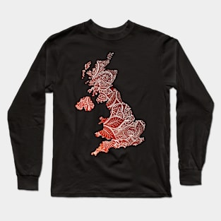 Colorful mandala art map of United Kingdom with text in brown and orange Long Sleeve T-Shirt